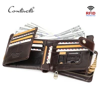 contacts genuine leather rfid wallet men coin pocket small card holder vintage short purse zipper trifold wallet male carteiras