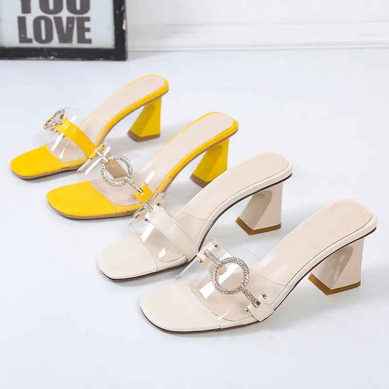 

Womens High Heel Slippers Square Toe Fashion Heels Women 2021 New Slip On Yellow Summer Shoes Female Casual Beige Home Slipper
