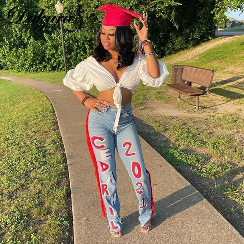 

Dulzura Letter Print Tassel Patchwork Women High Waist Jeans Straight Pants Streetwear 2021 Autumn Winter Vintage Trousers