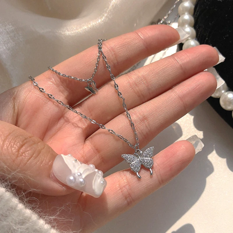 

Trendy 14K Real Gold Plated Double Layer Butterfly Chain Pendant Necklace for Women Temperament Jewelry AAA Zircon Wedding Party