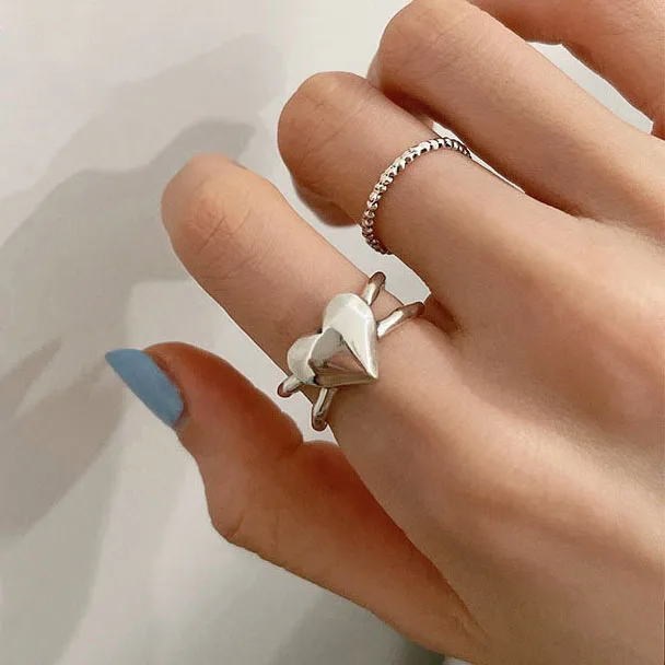 

South Korean Fashion Double Layer Silver Color Simple Cute Sweet Heart Rings For Women New Party Jewlery Gift