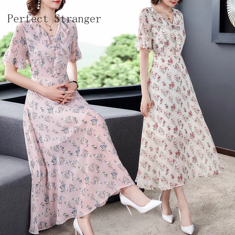 

2020 Summer New Arrival Short Sleeve Flower Printed Women Chiffon Long Dress High Quality Plus Size S-3XL