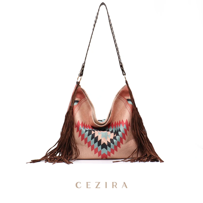 

CEZIRA Bohemia Style Women Vintage Tassel Shoulder Bags Soft Cotton Linen Woven Colorful Hobo Female Retro Casual Large Handbags
