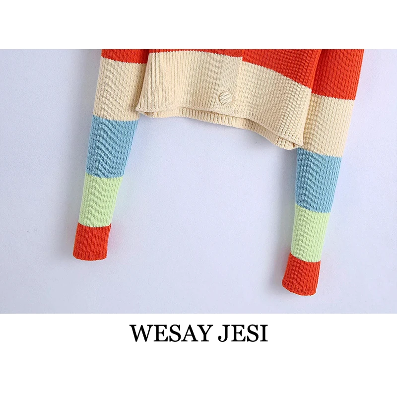

WESAY JESI Cardigan Patchwork Striped Slim Knit Cardigan Woman Clothes Vintage Sweater Single-Breasted Jacket Ladies Knitwear