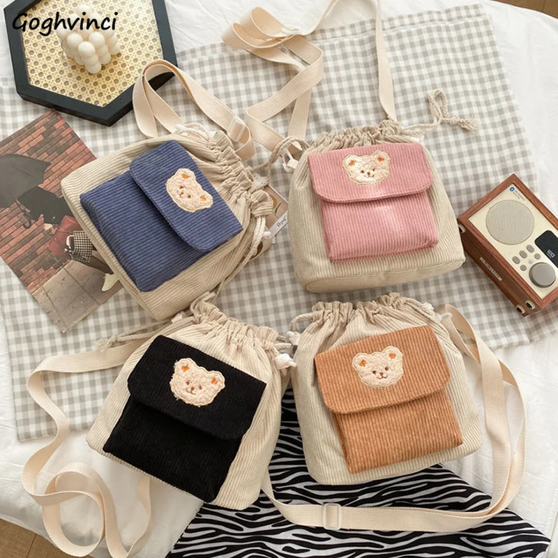 

Corduroy Crossbody Bags Cartoon Bear Embroidery Mini Bag Girls Sweet Cute Shopping Purse Fashion All-match Students Ins Harajuku