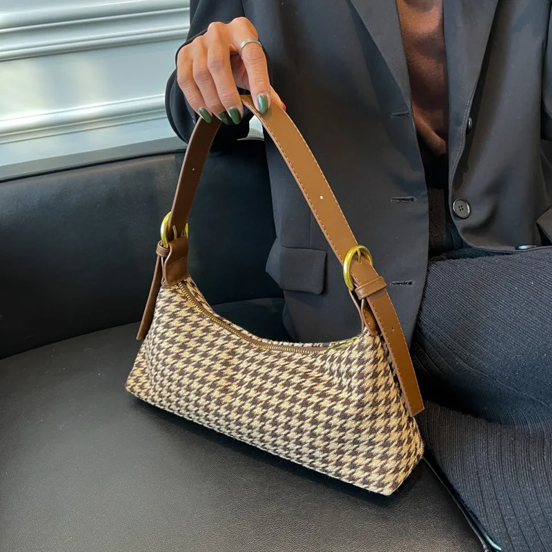

Casual Vintage Soft Baguette Trend Houndstooth Canvas Tote Bag Big Fashion Underarm Sac Femme Shoulder Side For Women Winter