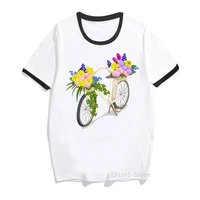 2021 hot sale bicycle flowers print tshirt womens clothing summer fashion t shirt femme white casual t shirt female tops