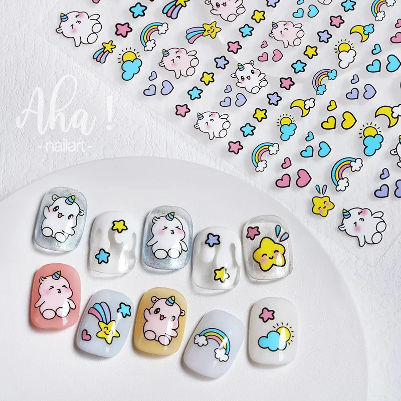 

Nail Glue Stickers Cartoon Unicorn Squirrel Bear Painted Tulip Flowers Nail Decoration Decals Nail Sticker Nail Art Decorations