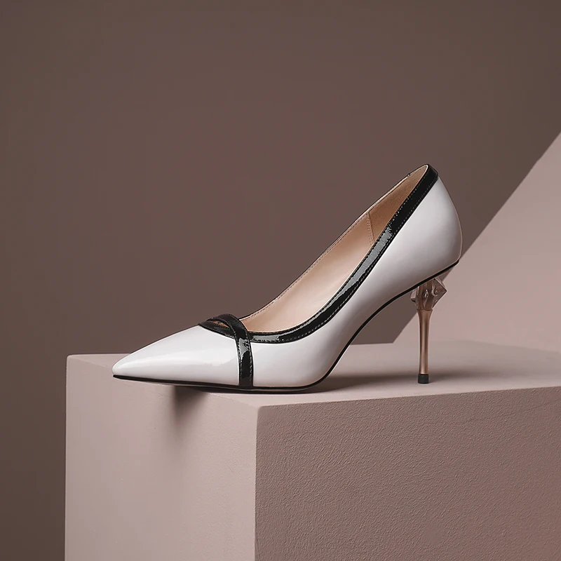

ISNOM Patent Leather Shoes Woman Pumps Thin High Heels Shoes Women Pointed toe Stiletto Pumps Ladies Heels Mixed Color