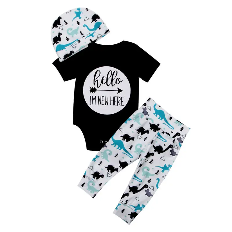 

Baby Boy Clothes Set Letter Bodysuit Dinosaur Printed Pants Hat 0-18M Newborn Infant Toddler Summer Casual Outfits 2021 New