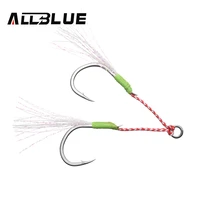 allblue 4pairslot metal jig luminous assist hook with pe line feather solid ring jigging spoon fishhook for 5 80g fishing lure