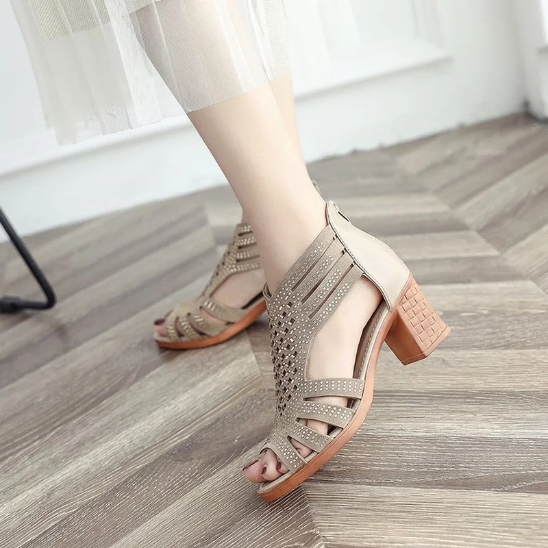 Сандалии XJRHXJR женские на квадратном каблуке Босоножки с открытым носком молнии