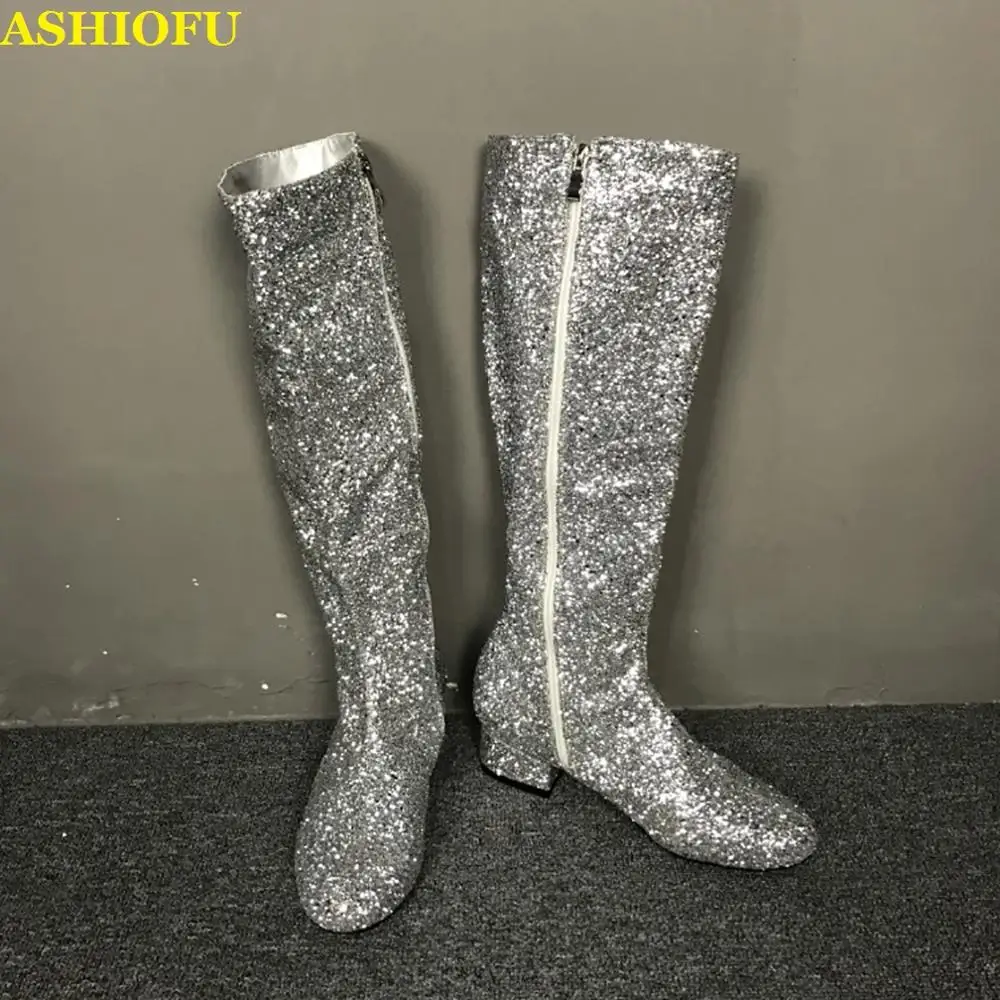 Женские сапоги из блестящей кожи ASHIOFU на блочном каблуке до колена для вечеринки |