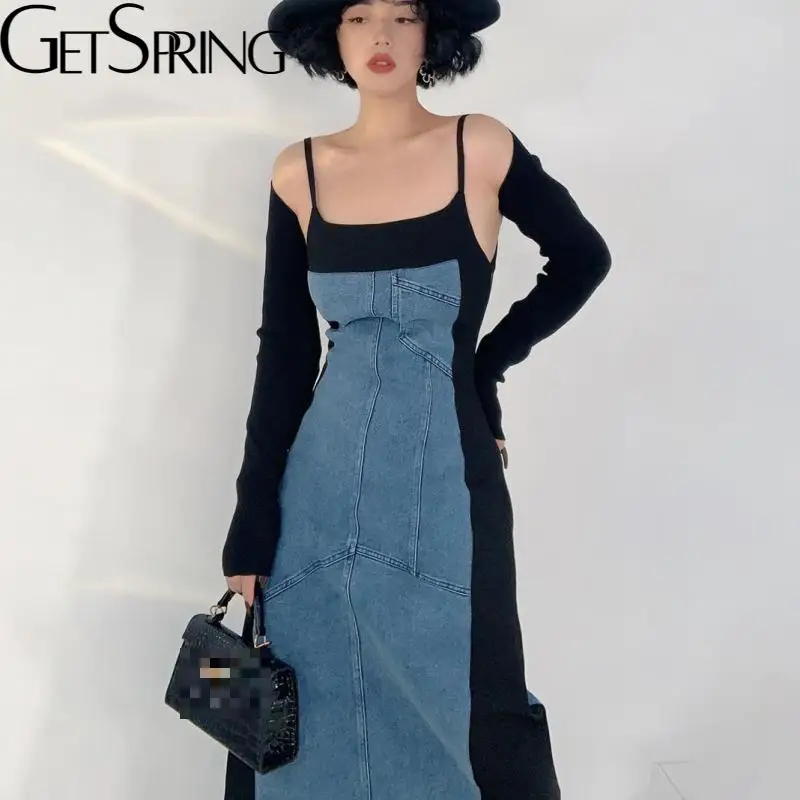 

Женское джинсовое платье без рукавов Getspring, винтажное длинное платье из искусственной кожи в стиле пэчворк, Осень-зима, 2021