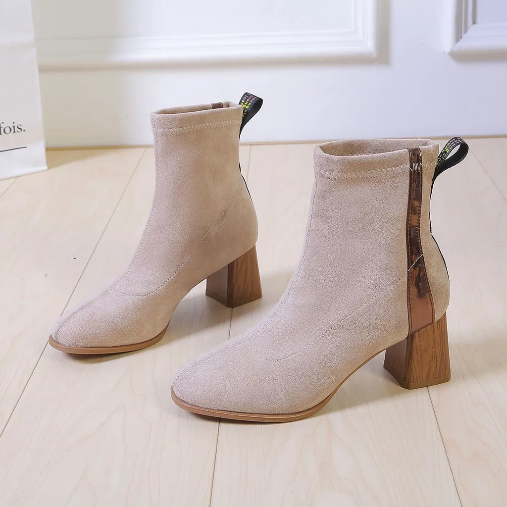 Женские замшевые ботильоны на квадратном каблуке модные носки с ворсом без