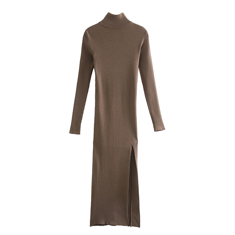 

Women Autumn Elasticity Dress 2021 Casual Turtleneck Long Sleeve Solid Knitting Female Elegant Split fork Dresses Vestidos