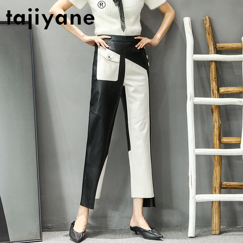 Tajiyane Autumn 2020  Streetwear Women Genuine Leather Pants Woman Real Sheepskin Trousers Panelled Trousers Ropa Mujer TN1221