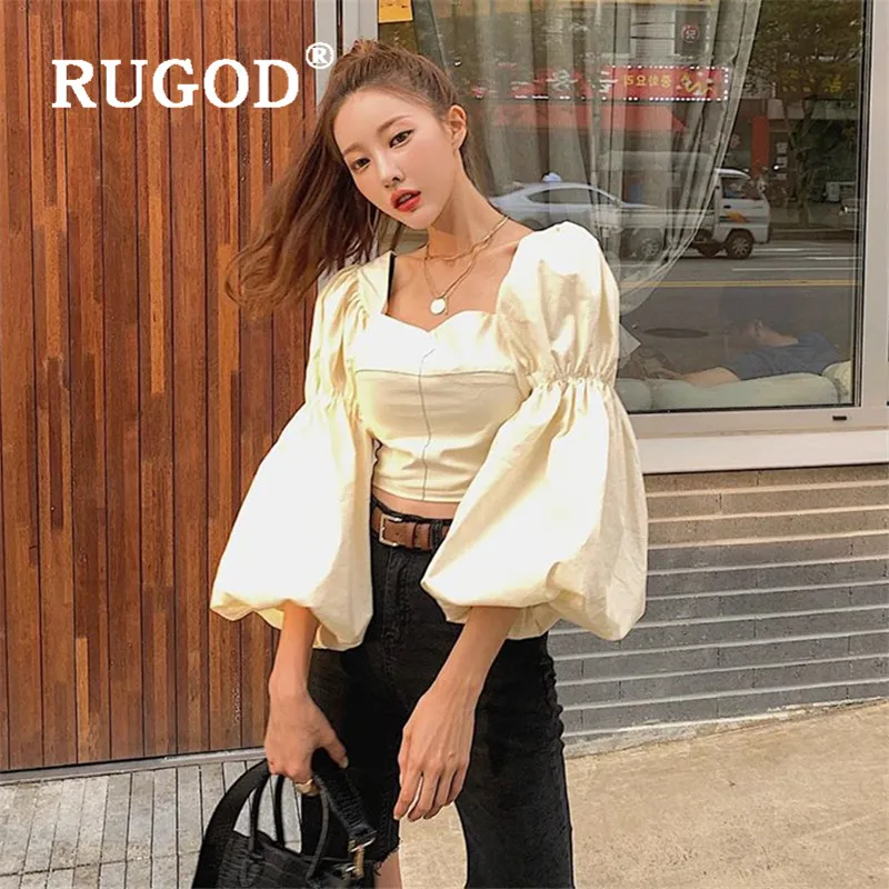 Женская блузка с квадратным вырезом RUGOD абрикосовая однотонная короткая пышными