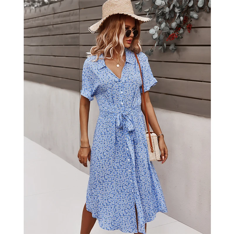 

New Dress Women Casual Short Sleeve 2021 Spring Button T Shirt Dresses for Womens Summer Holiday Style Sundress Printde Floral