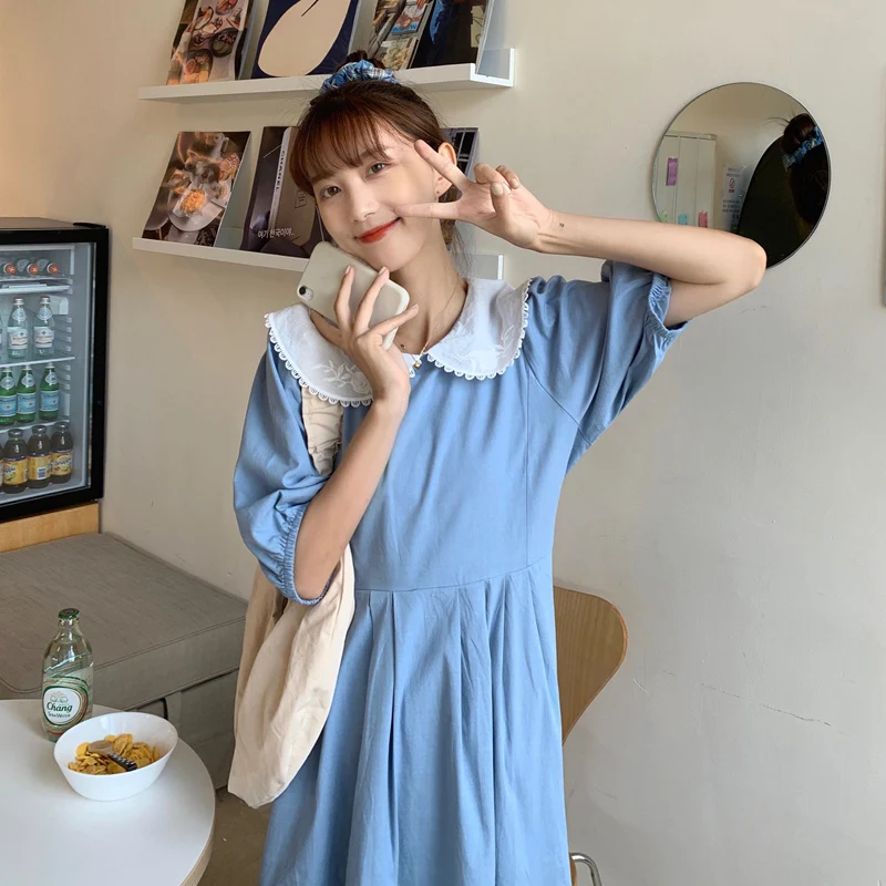 

Heydress Lace Patchwork Peter Pan Collar Casual Vestidos Summer Vintage Dresses For Women Korean Lace Up Slim Waist Long Dress