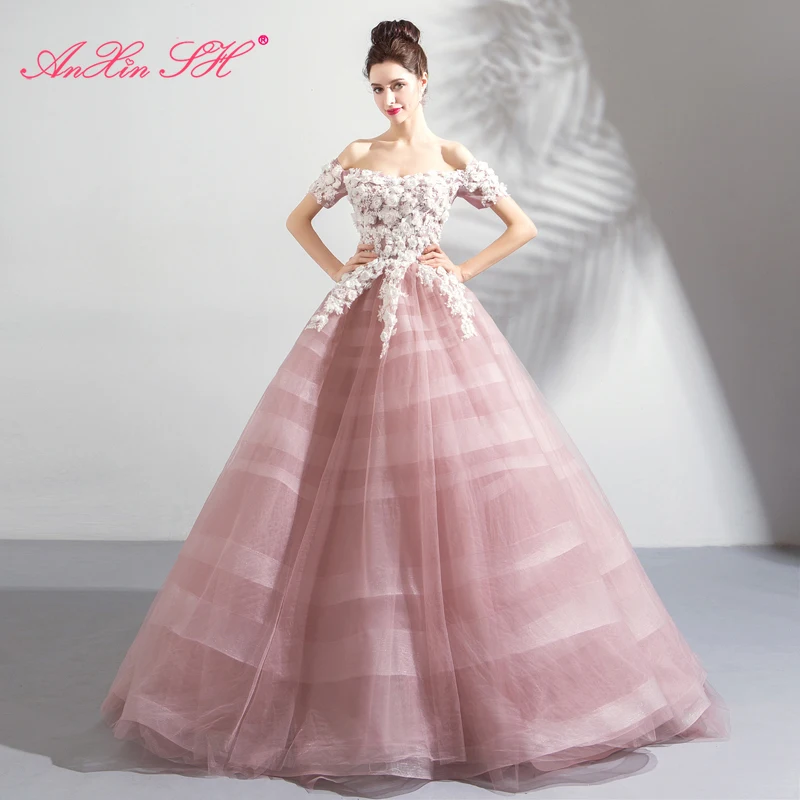 

Женское винтажное вечернее платье AnXin SH, Розовое Кружевное бальное платье розового цвета с вырезом лодочкой и оборками, расшитое бисером, 7188