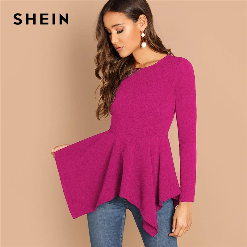 SHEIN Однотонный Топ С Асимметричным Низом И Молнией Женская Черная Классическая Блузка С Длинными Рукавами