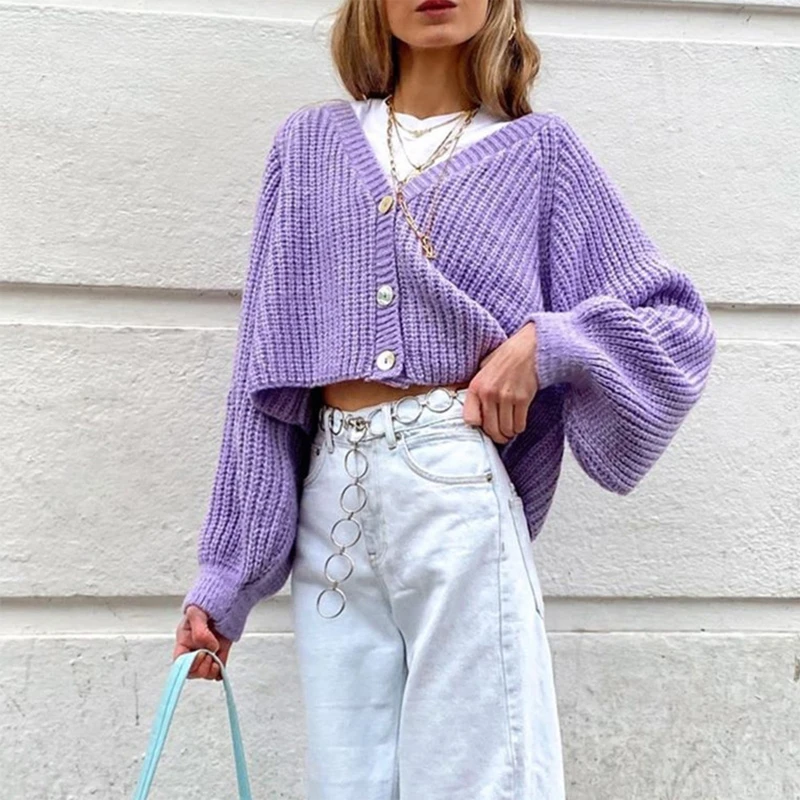 

Women Autumn Batwing Lantern Sleeve Cardigan V-Neck Single Breasted Button Down Sweater Coat Oversized Purple Knitwear Crop Top