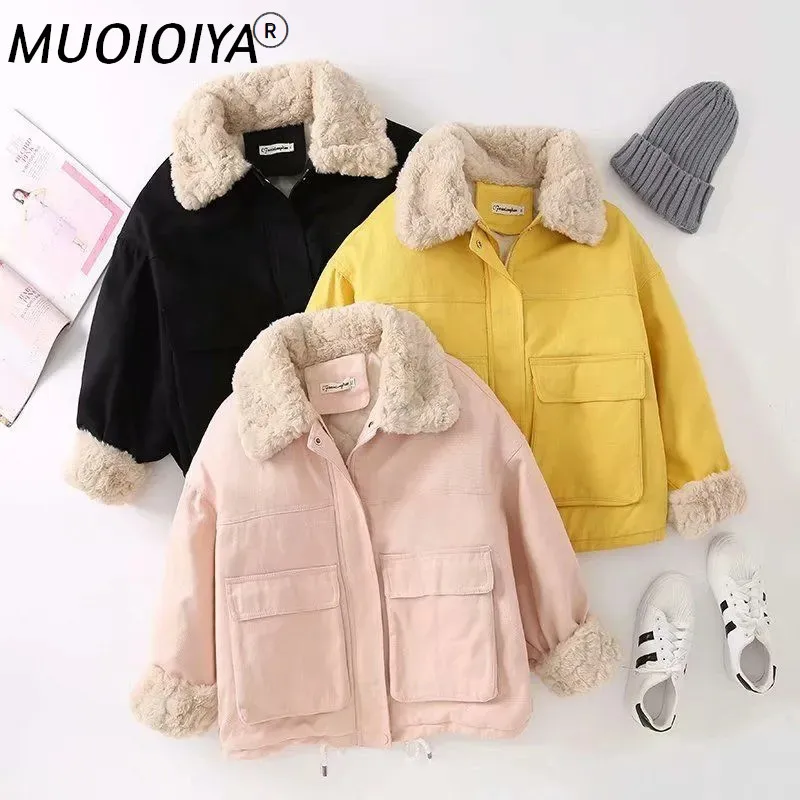 

Women Winter Coat Thick Short Parkas Fur Collar Zipper Cotton Clothing Oversized Lambswool Overcoat Big Pocket Outerwear