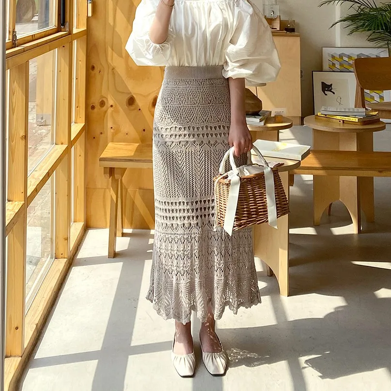 

2021 Spring And Summer Korean Lace Skirts Womens Hollow Out Knit Skirt Long Slim Fashion Black Skirt