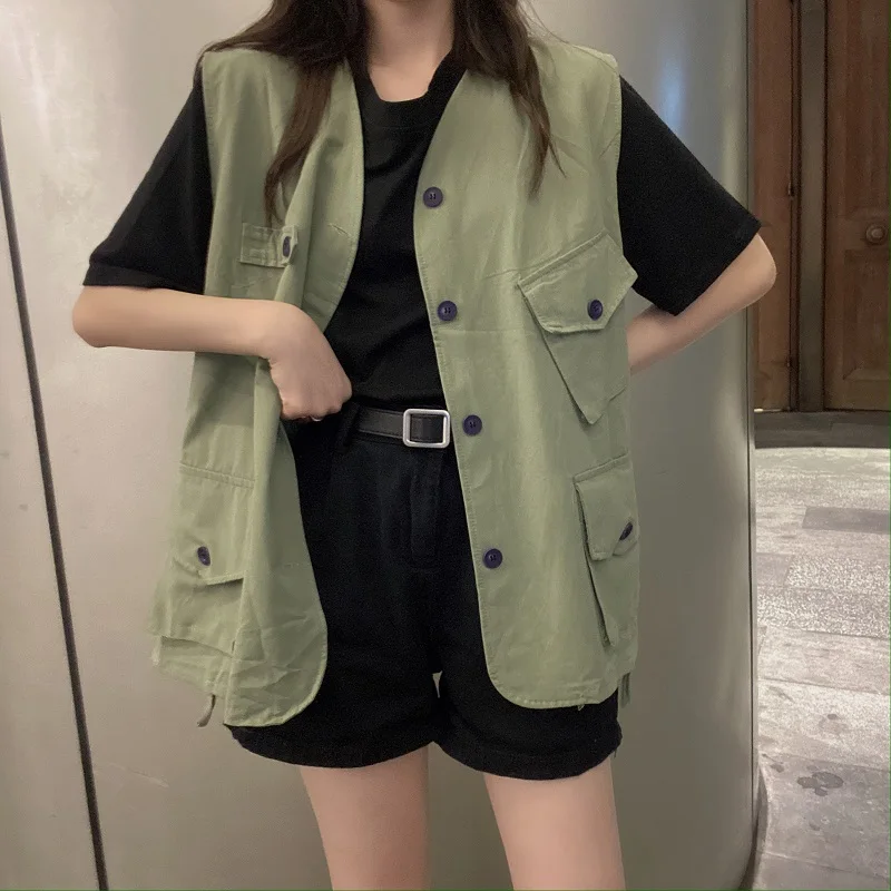 

Vests Waistcoats Women Thin Solid Single Breasted Pocket Spring Womens Harajuku BF Chic Outwear Streetwear All-match Ins Loose