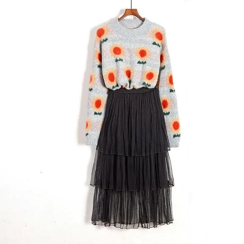 Осень-зима 2019 комплект из 2 предметов женский свитер с цветочным принтом + длинная