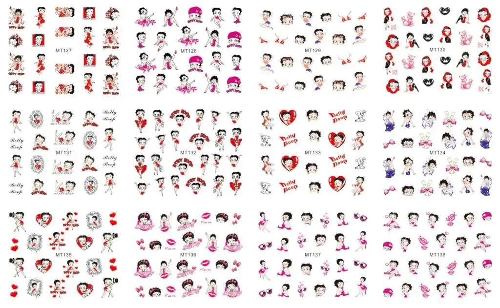 

Nail Art 12 Sheets/Lot MT127-138 Red Betty Boop Nail Art Water Transfer Decal Sticker For Nail Art Tattoo(12 DESIGNS IN 1)