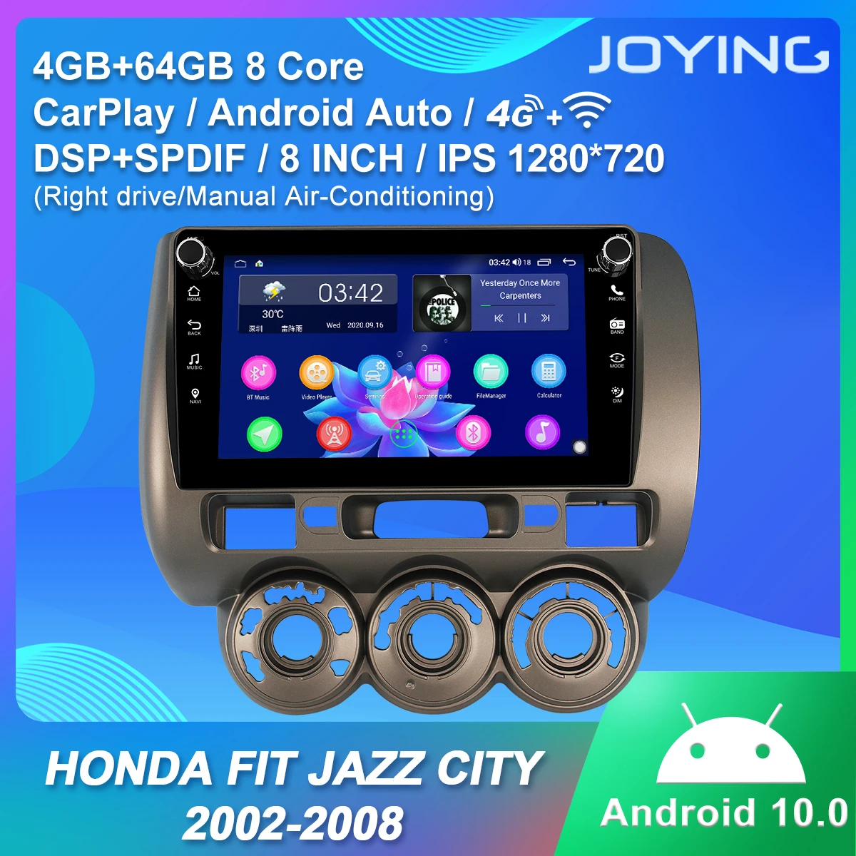 

Android 10.0 head unit GPS Navigation 8"IPS 4GB car radio support 4G/Carplay/RDS forHonda Fit Jazz City 2002-2008(Rigth drive)