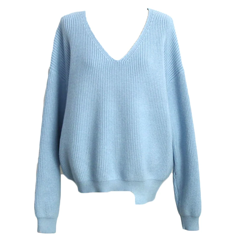 

2020 Autumn Winter Women's Knitwear Sexy V-neck Solid Pullovers Tops Korean Irregular Female Knitted Casual Sweaters