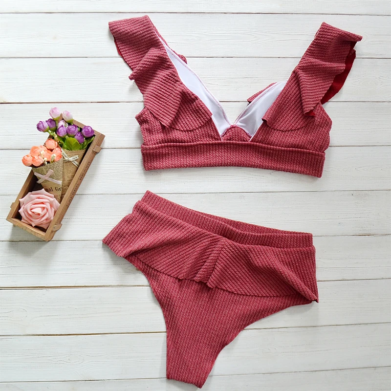 

LEEMIIJUU Push up 2020 Bikini Set Women Ruffle Biquini Swimwear Retro High Waist Sexy Brazilian Ribbed Swimsuit Bather Beachwear