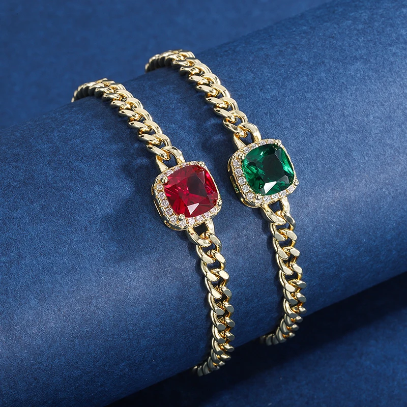 

EYIKA New Gold Color Cuban Curb Link Chain Bracelet for Women Chunky Square Green Red Crystal Zircon Bangle Hip Hop CZ Jewelry