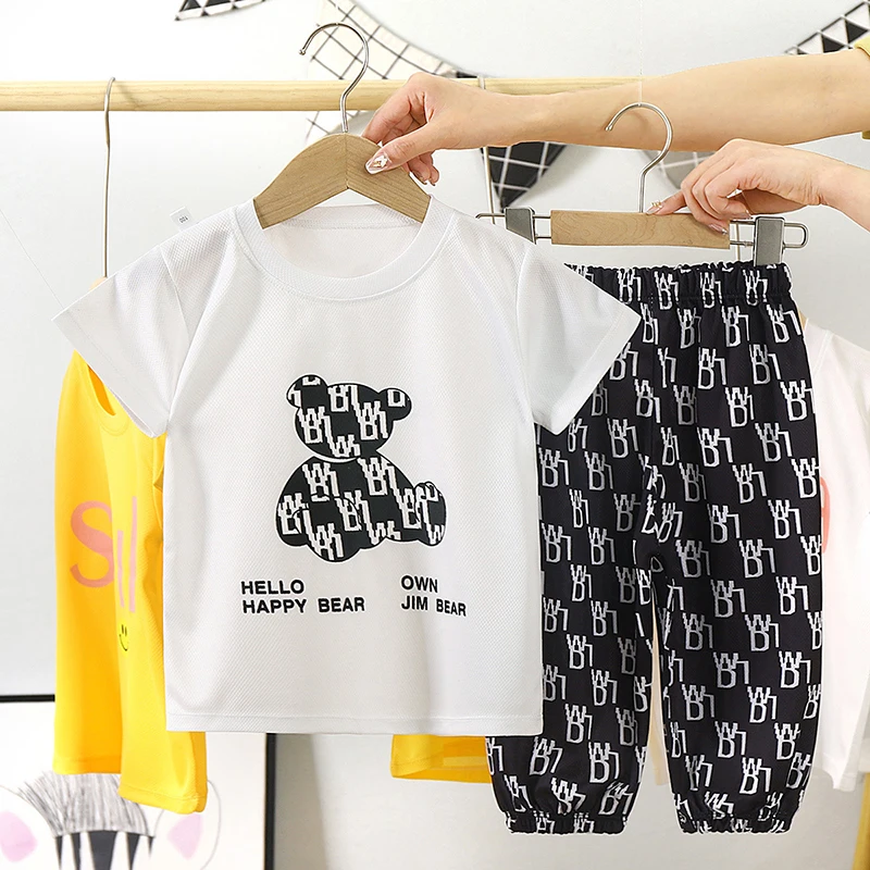 

Детский мультяшный костюм, Новинка лета 2022, Повседневная футболка с коротким рукавом для мальчиков и девочек + штаны с эластичным поясом и п...