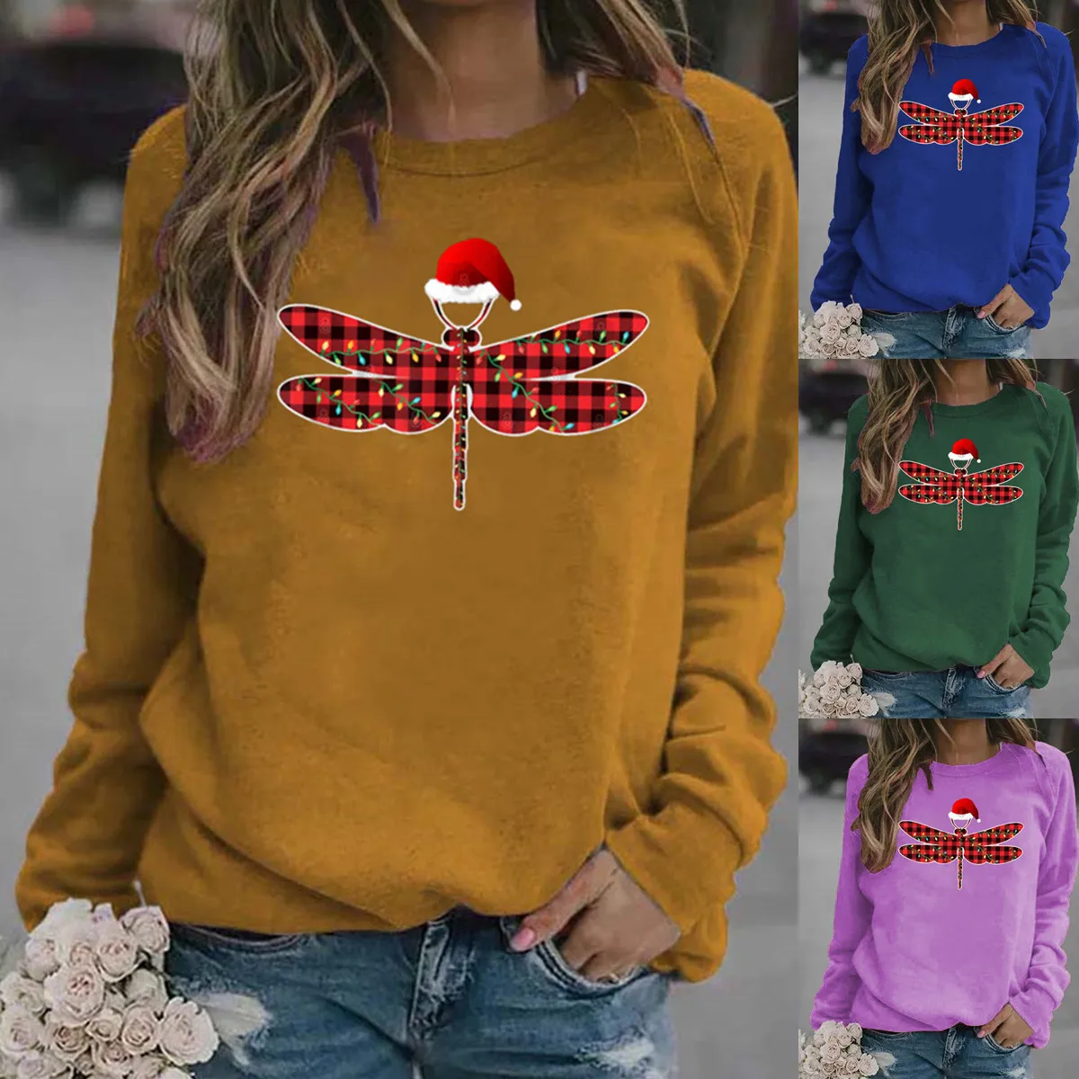 

Women Hoodie Red Plaid Dragonfly Printed Hoodies Women Fleece Long Sleeve O Neck Loose Sweatshirt Girls Pullovers Autumn Winter