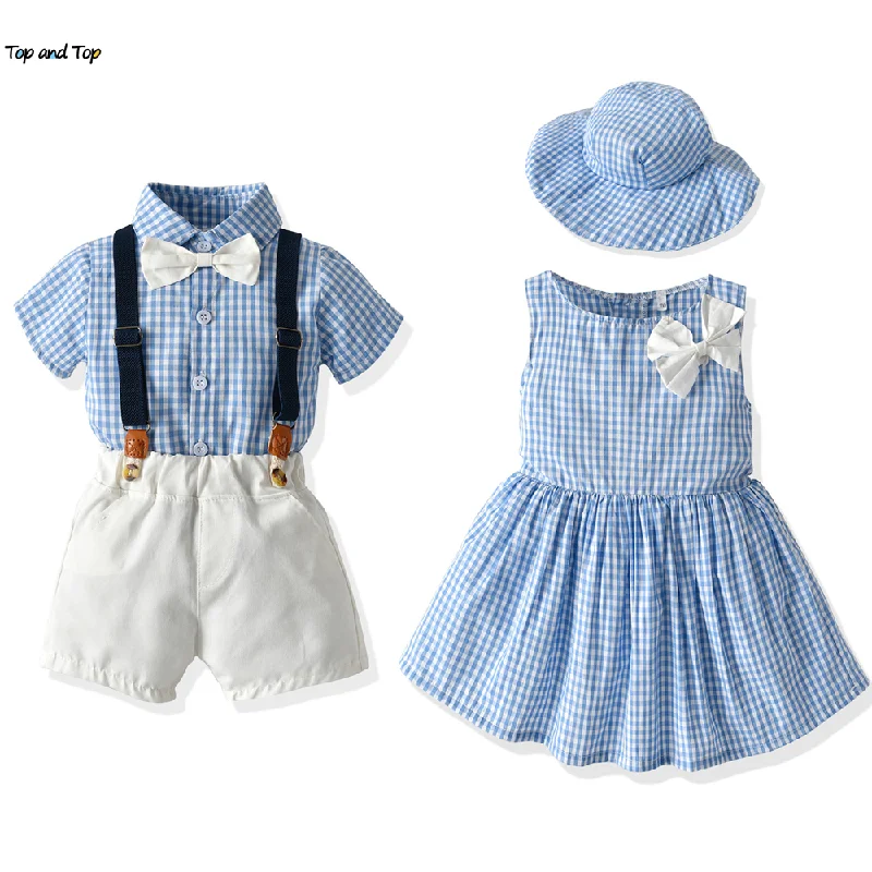 top and top Brother and Sister Baby Matching Outfits Toddler Infant Boys Gentleman Suit+Princess Girls Tutu Dress Plaid outfit