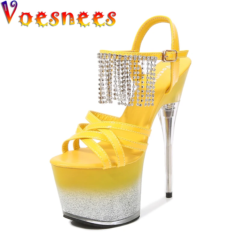 

Voesnees 2021 New Women Stripper Shoes Bling Transparent Thin Heels Patent Leather Sandals Cross-tied Platform Pole Dance Heels