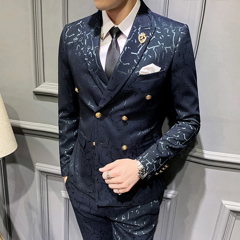 

Men's Special Occasion Party/Evening Suits （jacket+vest+pants） Notch Tailored Fit Double Breasted Four-buttons Patch men suits