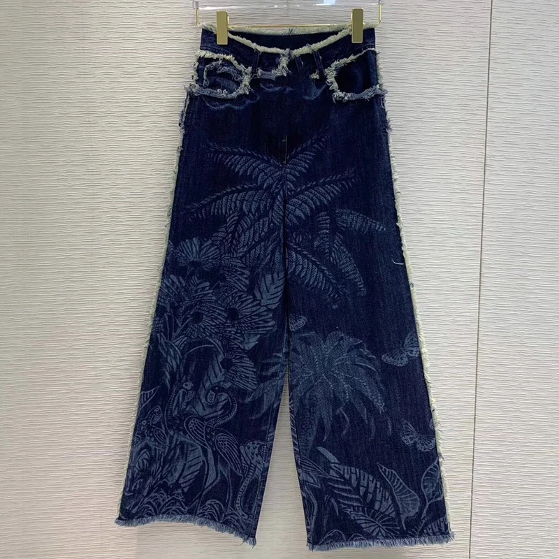 Ретро джинсовые брюки женские с высокой талией принтом джинсы Широкие