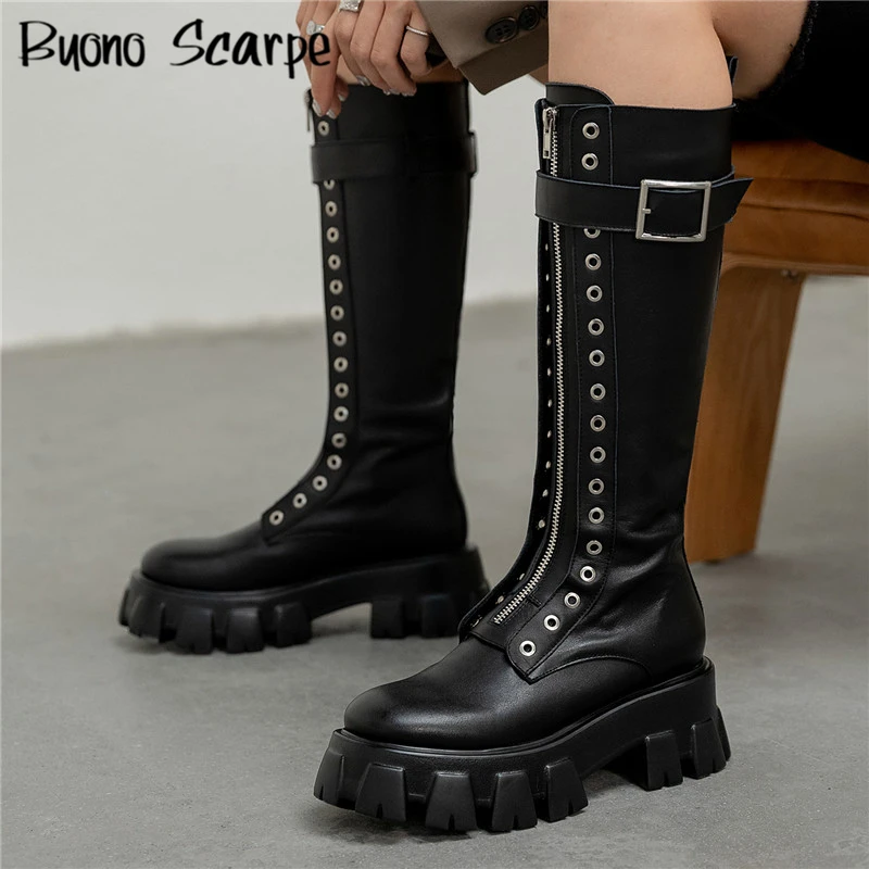 

Leather Belt Women's Boots Black Leather Platform Boots Girls Combat Knight Boots Knee High Metal Buckles Chunky Shoes Platform