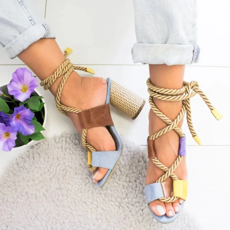 

High Heel Sandal for Women Cross Open Toe 2021 Summer Female Shoe Large Size Cross-Shoes High-heeled Peep Fashion Lace Up Girls