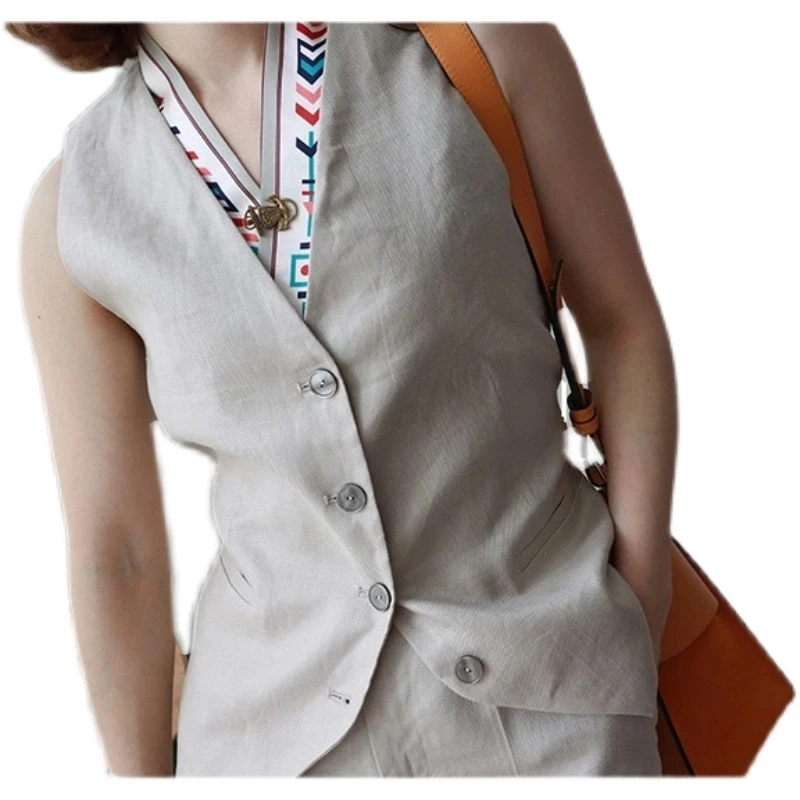 

Women's Suit Vest Jacket V Neck Solid Khaki Dark Blue Linen Cotton Short Vest Thin Korean Slim-Fitting For Casual Clothing 2021