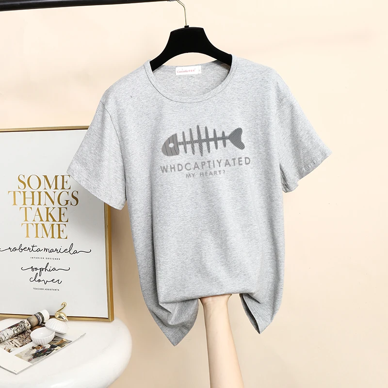 

Summer new Fashion gray Creativity Pattern printing short-sleeve T-shirts female Loose Casual Round neck Breathable women tops