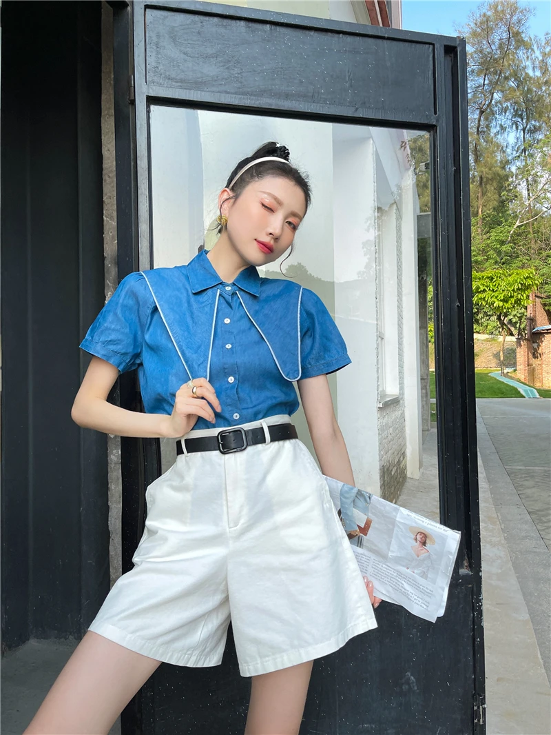 

ZCSMLL Blue Fashion Short-sleeved Blouse Turn-down Collar Solid Color Loose Casual Women Blouses 2021 Spring Summer