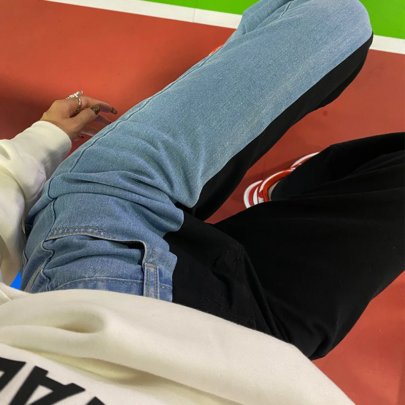 

High Waist Denim Pants Women Harajuku Blue And Black Patchwork Jeans Female Streetwear Wide Leg Pantalon Korean Fashion Outfit