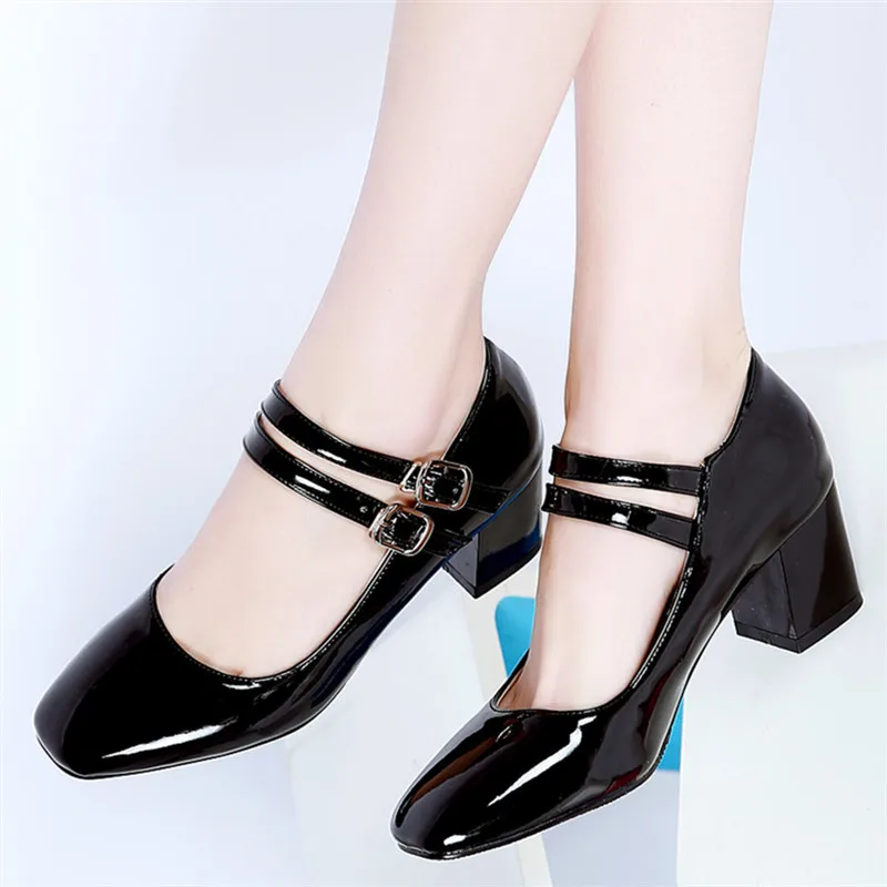 

AGODOR Mary Jane Shoes for Women High Heels Patent Leather Pumps Buckle Strap Block Heel Ladies Shoes Black Big Size