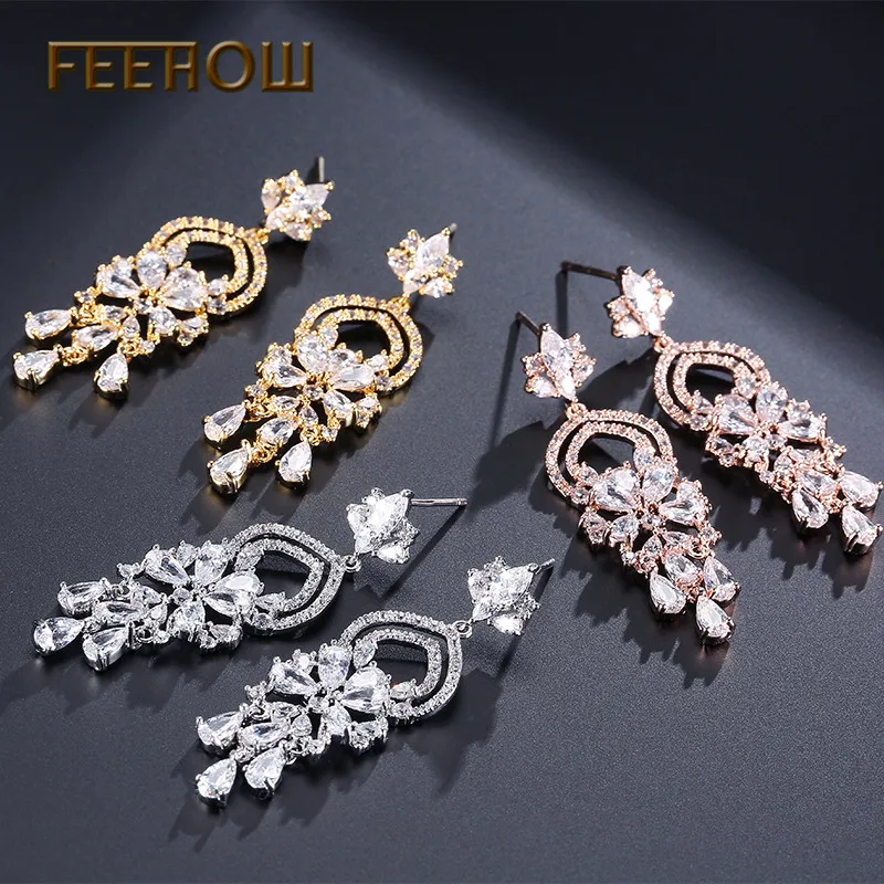 FEEHOW роскошные свадебные висячие серьги с кубическим цирконием ААА в форме люстры